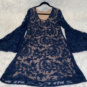 Bronte Lace Overlay Nude Lining Bell Sleves Navy Blue